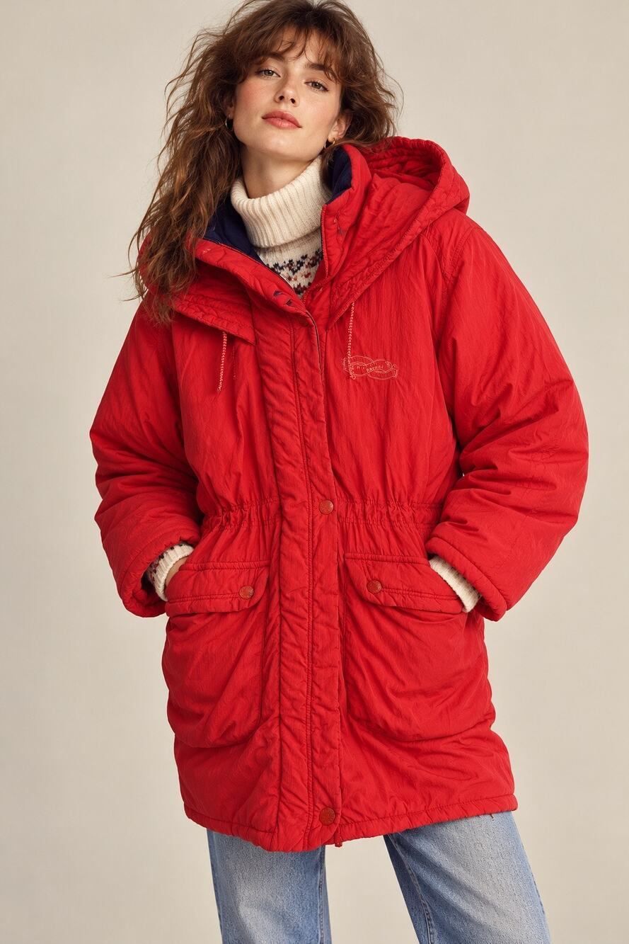 Vintage 90s Green Forest by Luhta Red Hooded Puffer Parka Coat